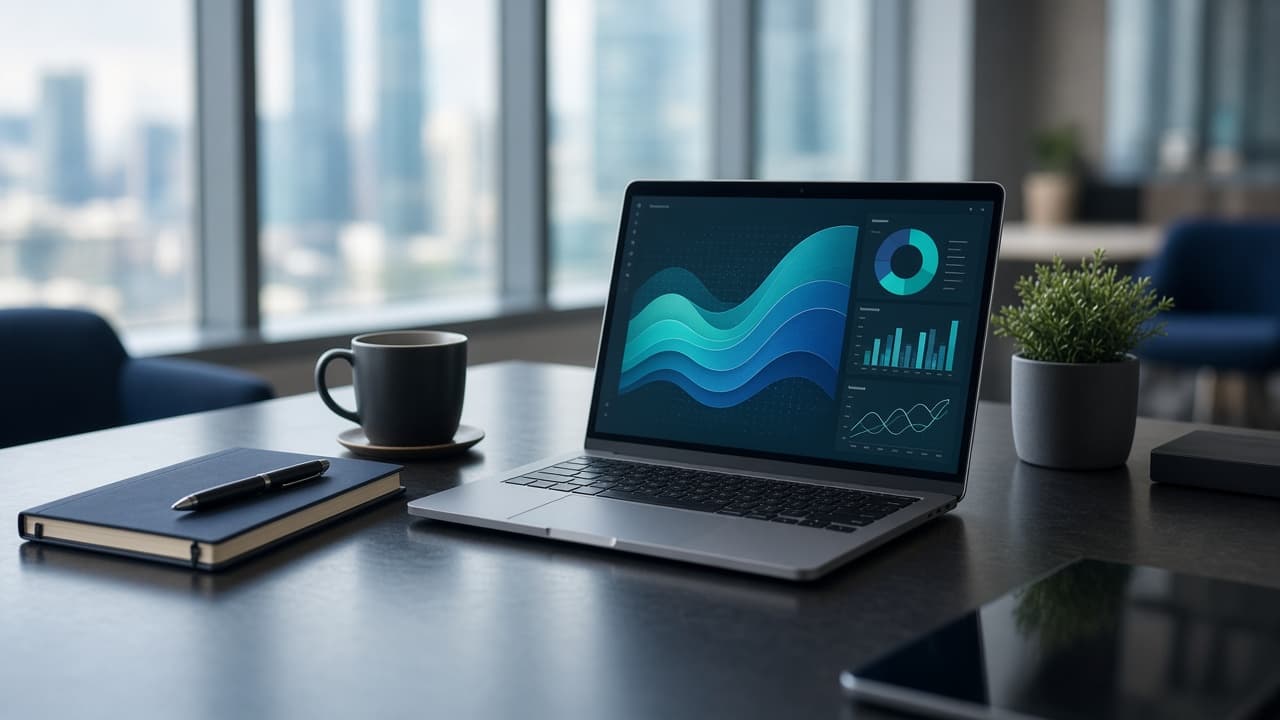 Laptop showing charts on an office desk