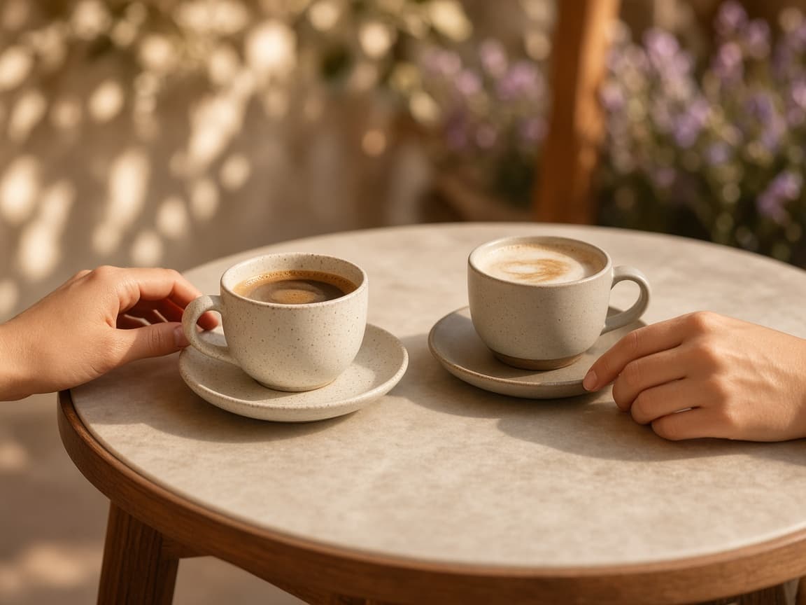 Two coffee cups on a cafe table
