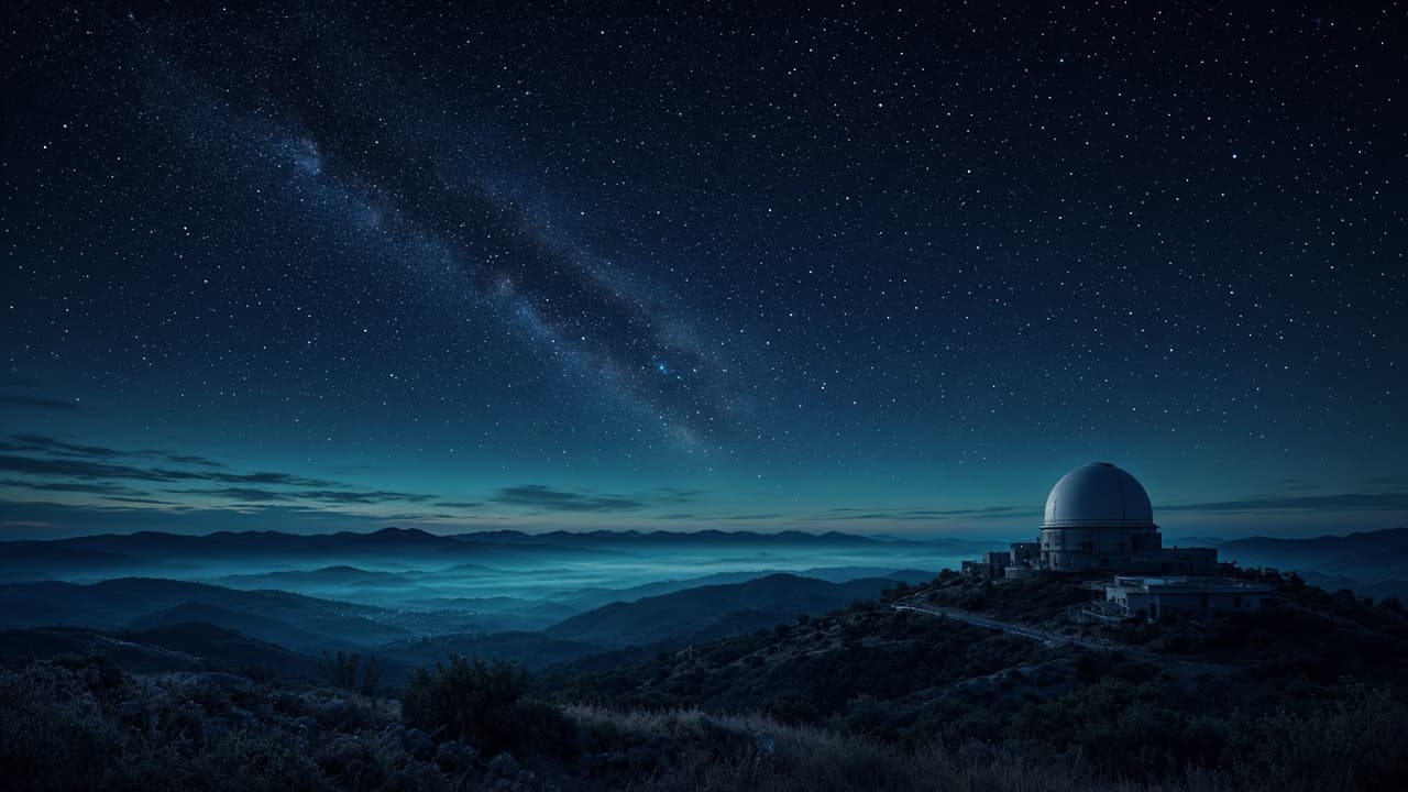 Night sky over an observatory on a hill