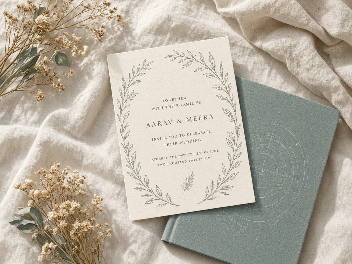 A wedding invitation on linen beside dried flowers