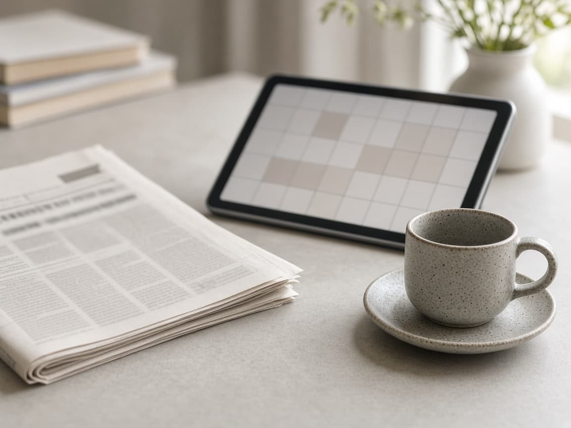 A folded newspaper and a tablet on a desk