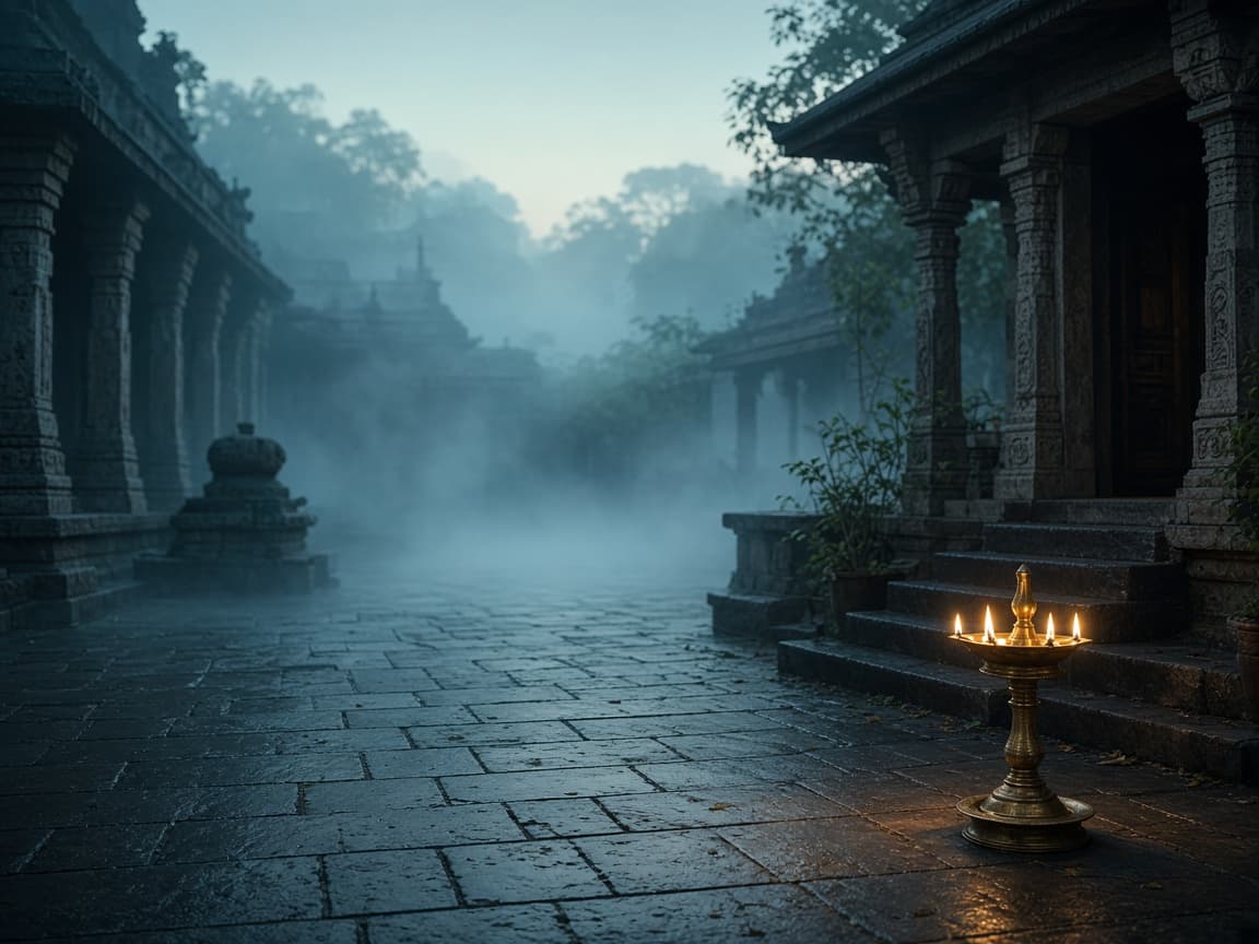 Temple courtyard with an oil lamp at dawn