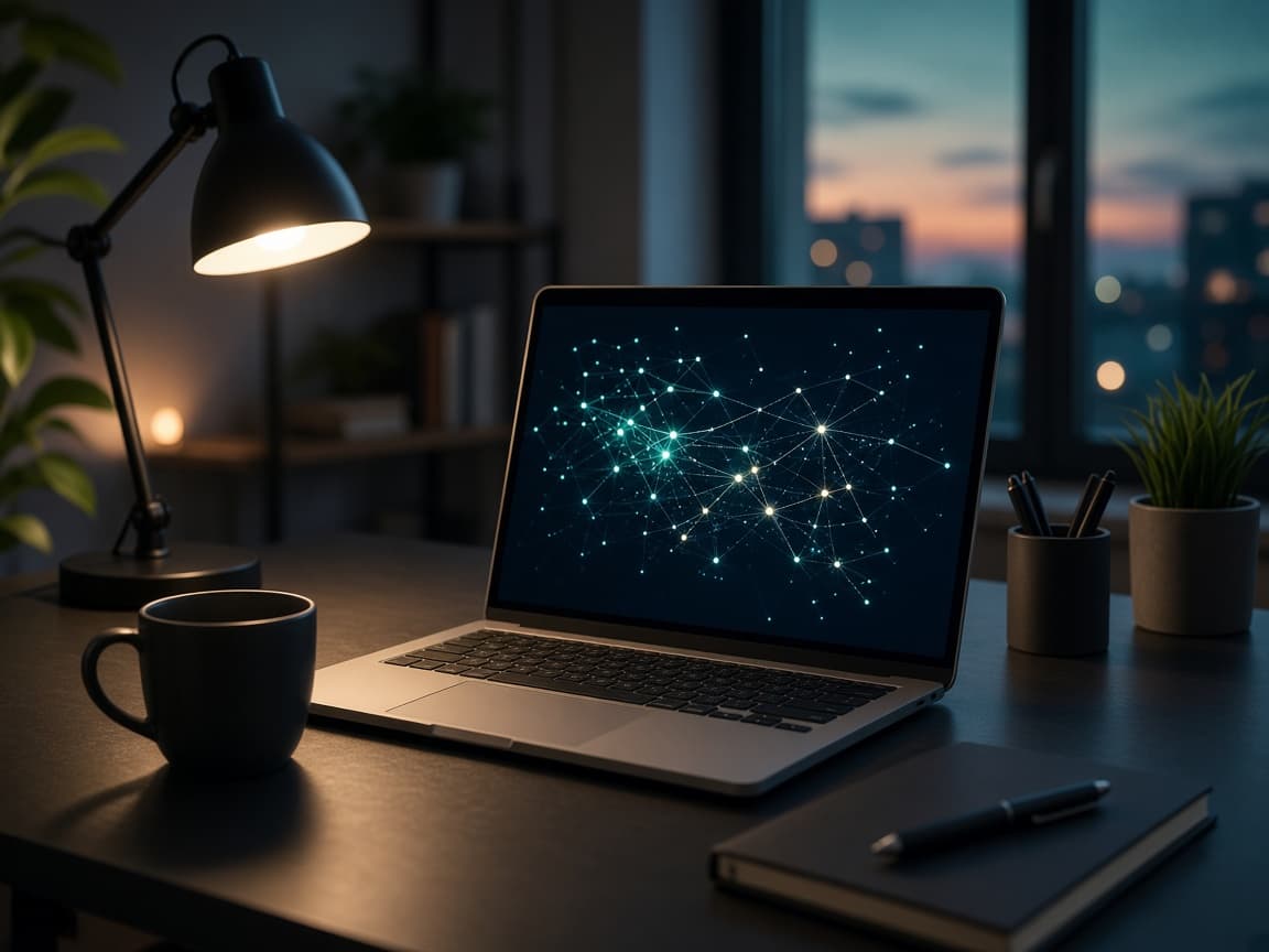 A laptop on a desk at dusk
